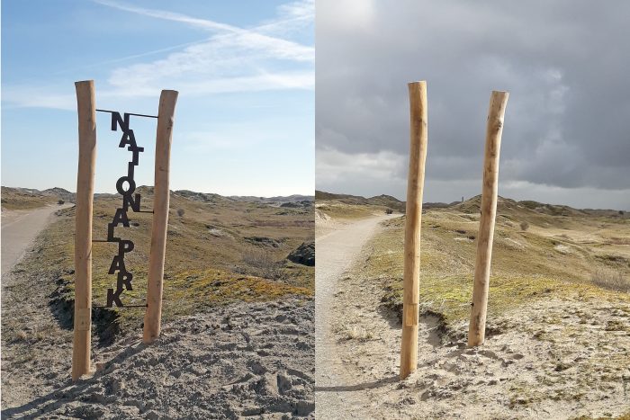 Begrüßungsstele auf Norderney vor und nach der Zerstörung