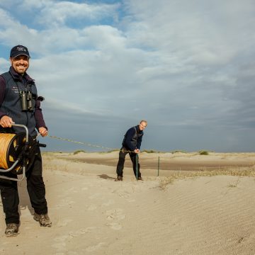Nationalpark-Ranger installieren einen Schutzzaun für ein Brutgebiet am Borkumer Strand.