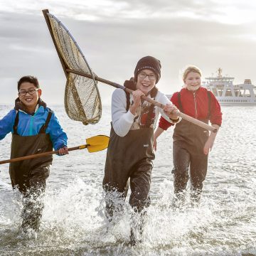 Norderneyer Junior Ranger mit Gliep im strandnahen Wasser