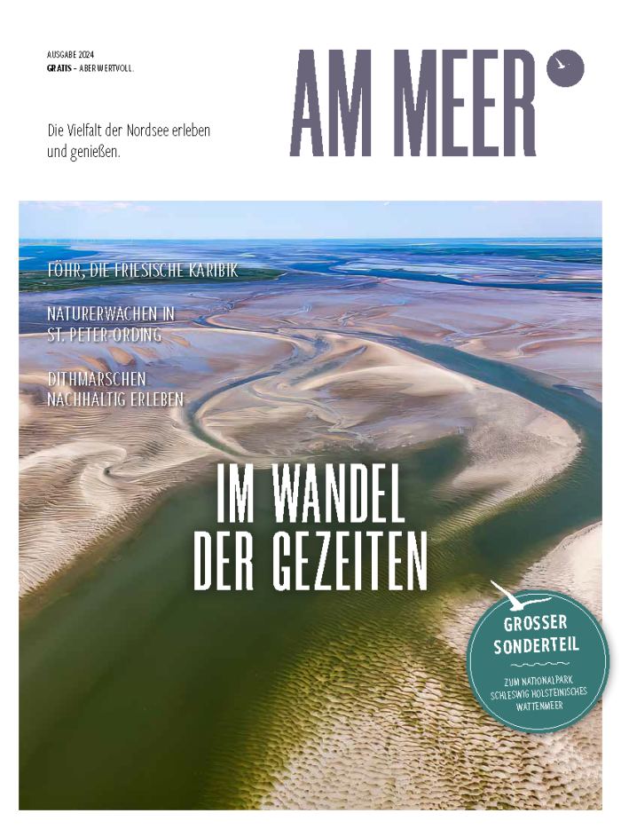 Titelseite des Magazins "Am Meer" mit einem Luftbild von Watt und Priel.