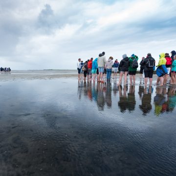 Eine Gruppe Menschen steht im Watt. Ihr Bild spiegelt sich im flachen Wasser. Es ist bewölkt.