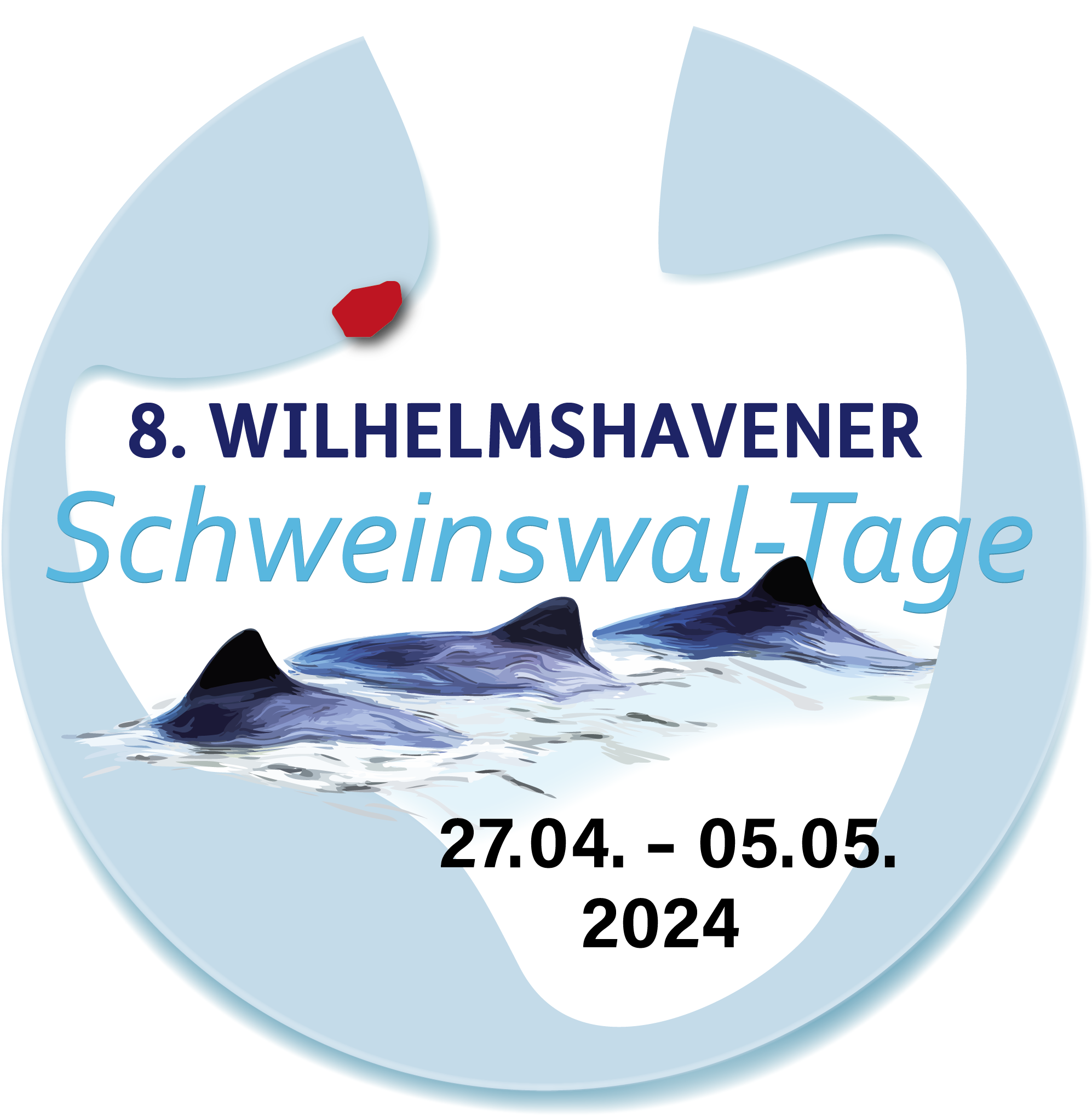 Logo der 8. Wilhelmshavener Schweinswaltage mit drei auftauchenden Walen und Datumsangabe 27.4. bis 5.5.2024